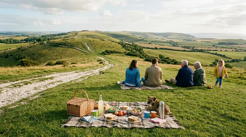 Family picnic laid out on a blanket beside a chalk track on the South Downs, with a group sitting on the grass beyond
