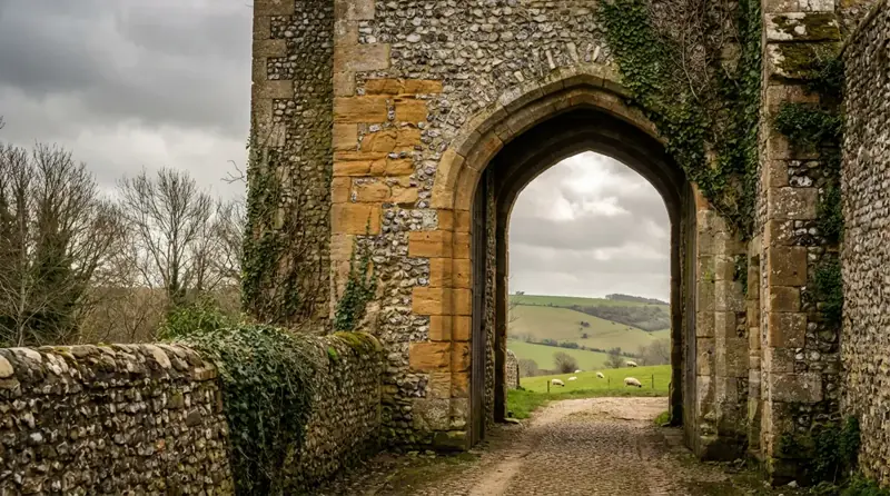 Medieval castle gatehouse archway in warm Sussex sandstone, with rolling green hills and sheep visible beyond on an overcast English afternoon