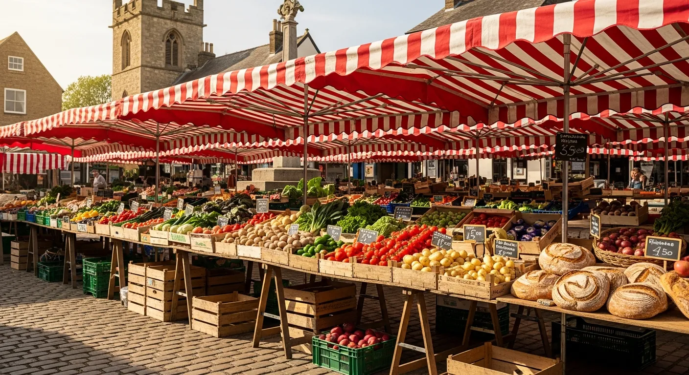 An English farmers market with striped canvas awnings, fresh produce on trestle tables and chalk price signs