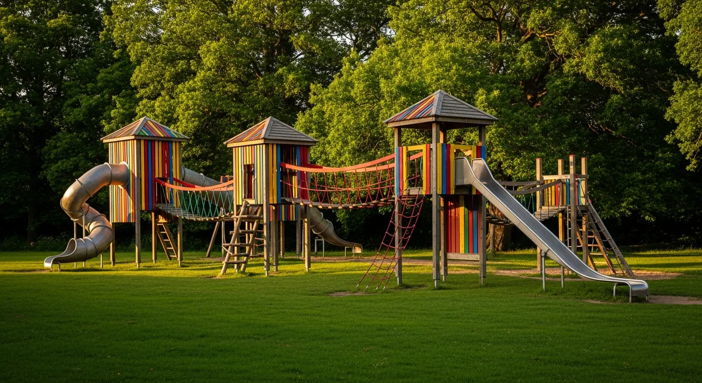 A colourful adventure playground with wooden climbing towers, rope bridges and slides in an English country park