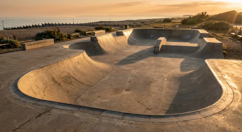 A concrete skatepark at golden hour with smooth transitions and pool coping casting long shadows, no people in frame