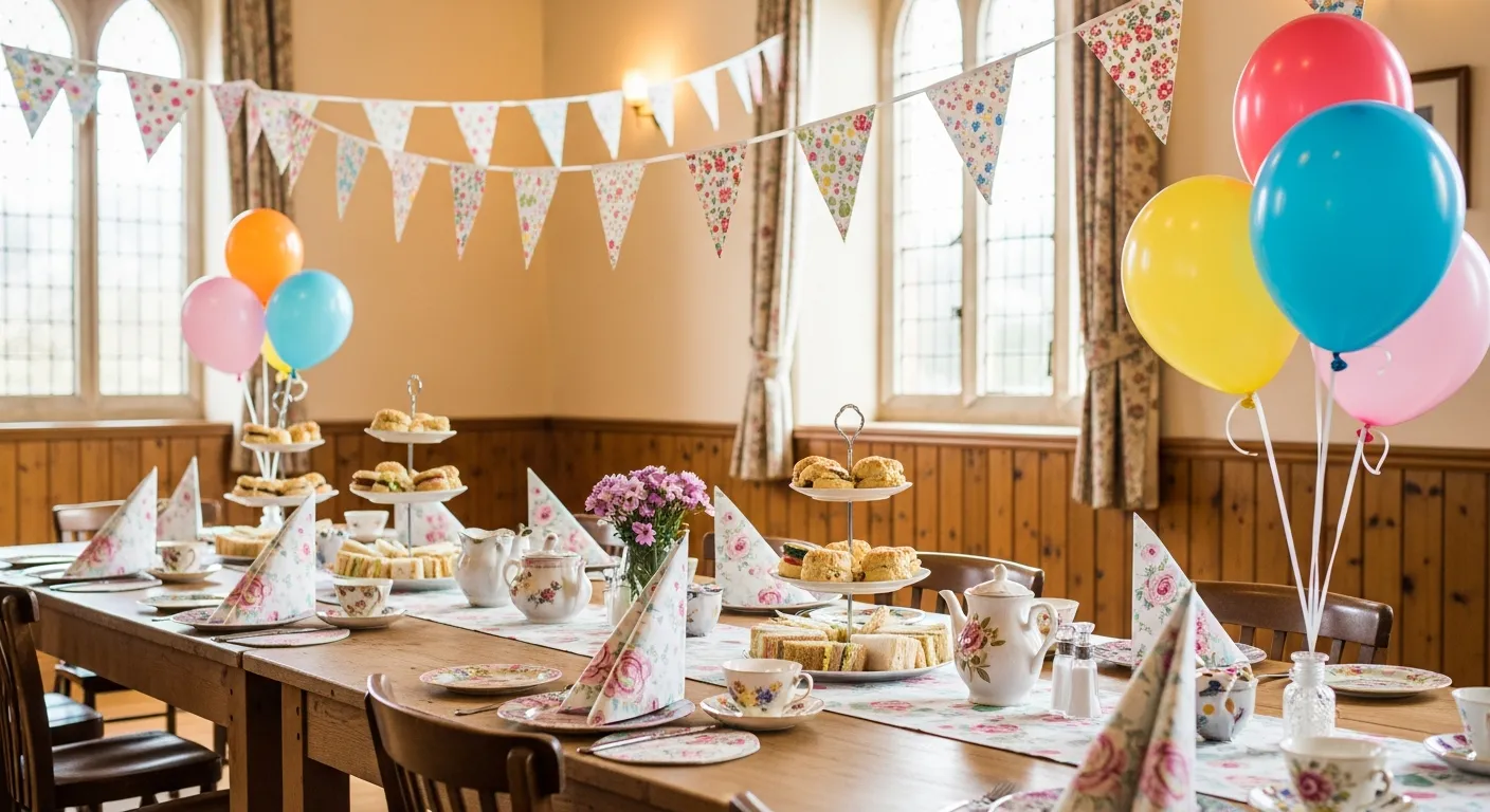 A colourful birthday party table set up in a bright village hall with bunting, balloons and party hats