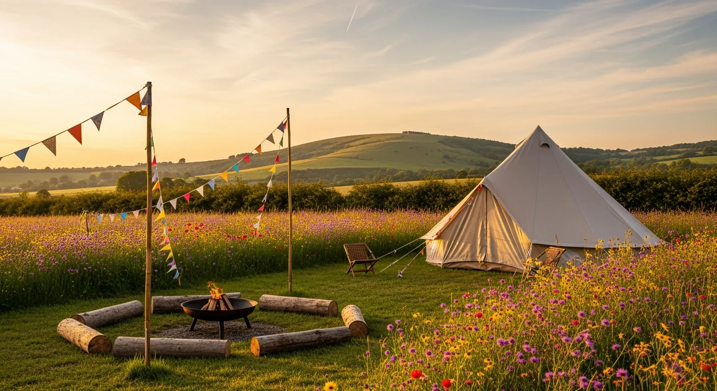 A canvas bell tent in a wildflower meadow with the South Downs behind, campfire pit and bunting