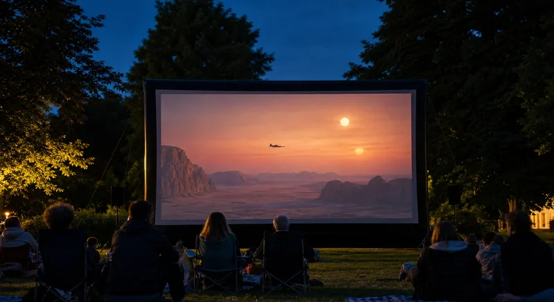 Illustration of an outdoor cinema audience watching a twin-sun space adventure at dusk