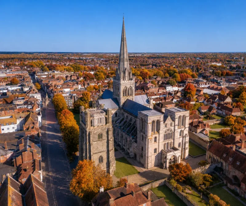 Aerial view of Chichester Cathedral and the city centre in autumn, West Sussex