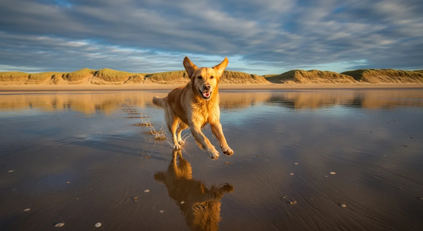 A golden retriever running joyfully along a sandy beach at low tide with dunes in the background