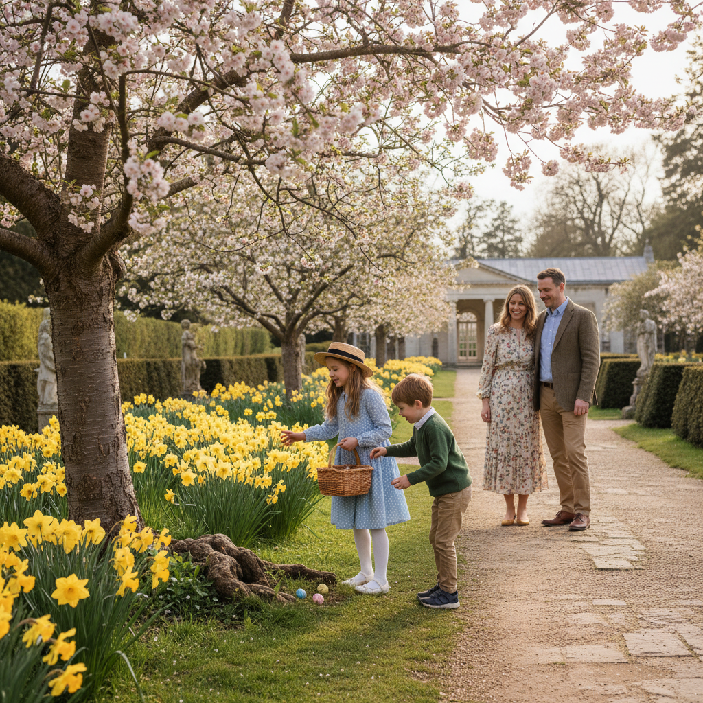 Easter West Sussex 2026: children on an egg trail in a spring garden
