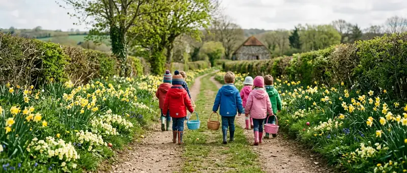 Children on a spring Easter egg hunt trail through a West Sussex country garden