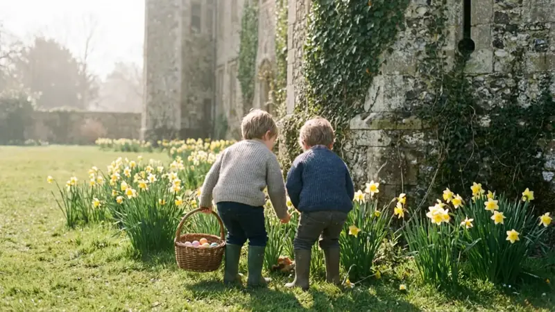Two children searching for Easter eggs by a stone castle wall surrounded by daffodils in West Sussex