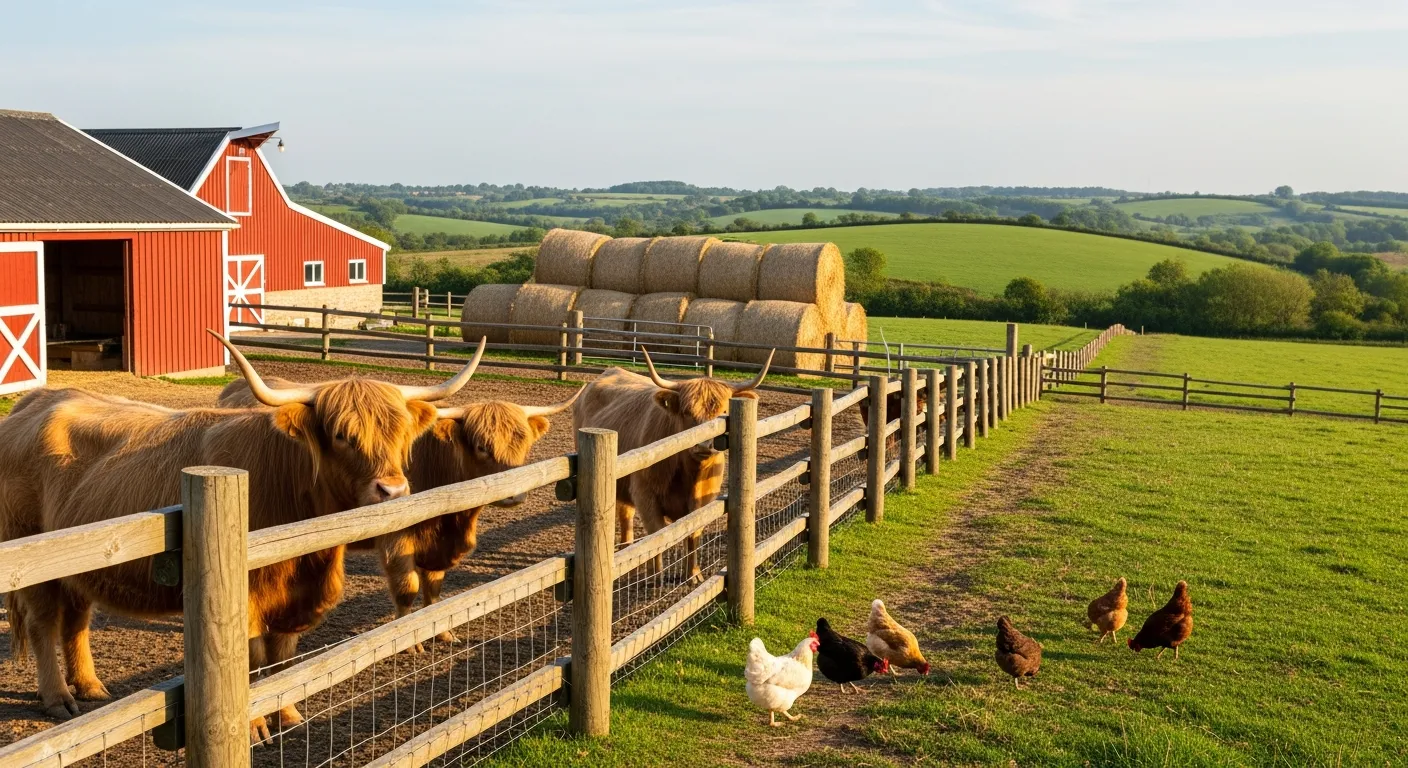 Highland cattle behind a wooden fence with a red barn and rolling English countryside