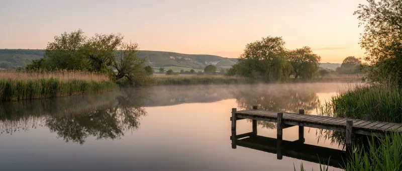 A still West Sussex lake at golden hour with mirror-flat water, mature reedbeds, a weathered wooden jetty on the right and the chalk ridge of the South Downs on the horizon