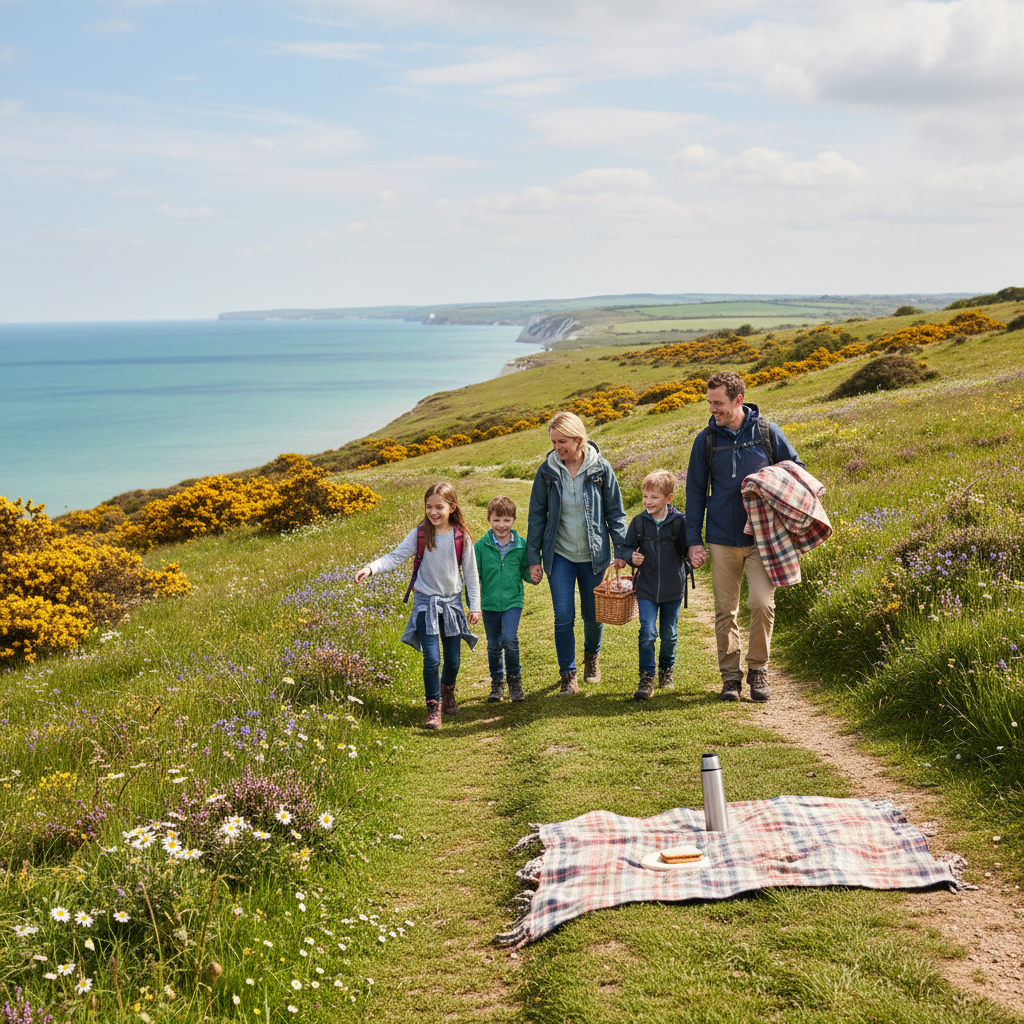 Family walking a spring coastal path in West Sussex on a free day out