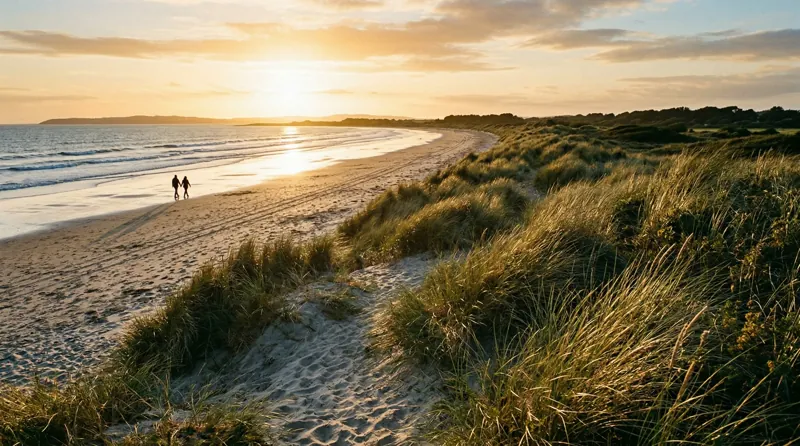 Golden evening light over sand dunes and marram grass at a quiet West Sussex beach