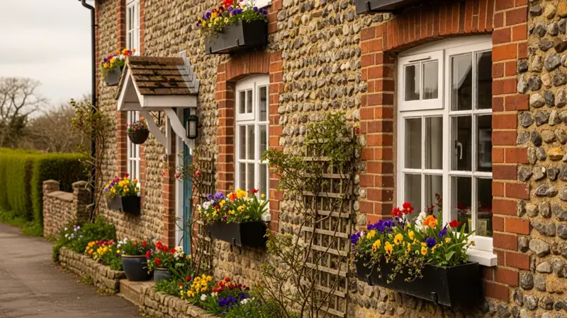 A bright spring garden centre in West Sussex with outdoor plants, trolleys, shrubs, herbs and a welcoming cafe area