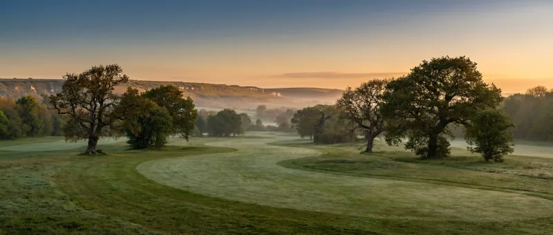 A West Sussex parkland golf fairway at golden hour with mature oak trees framing the view and the chalk ridge of the South Downs visible on the horizon