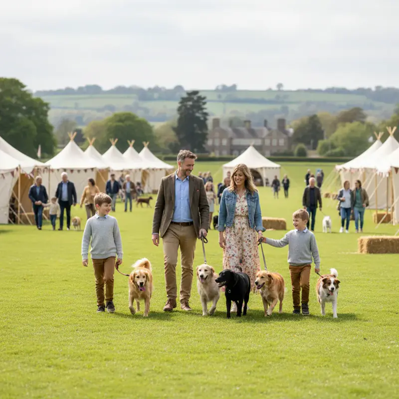 Dogs playing on the lawn of a grand English country estate with ornate gates and a Regency mansion