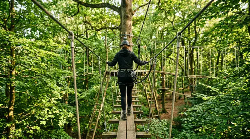 A person on a high ropes course through a West Sussex woodland canopy
