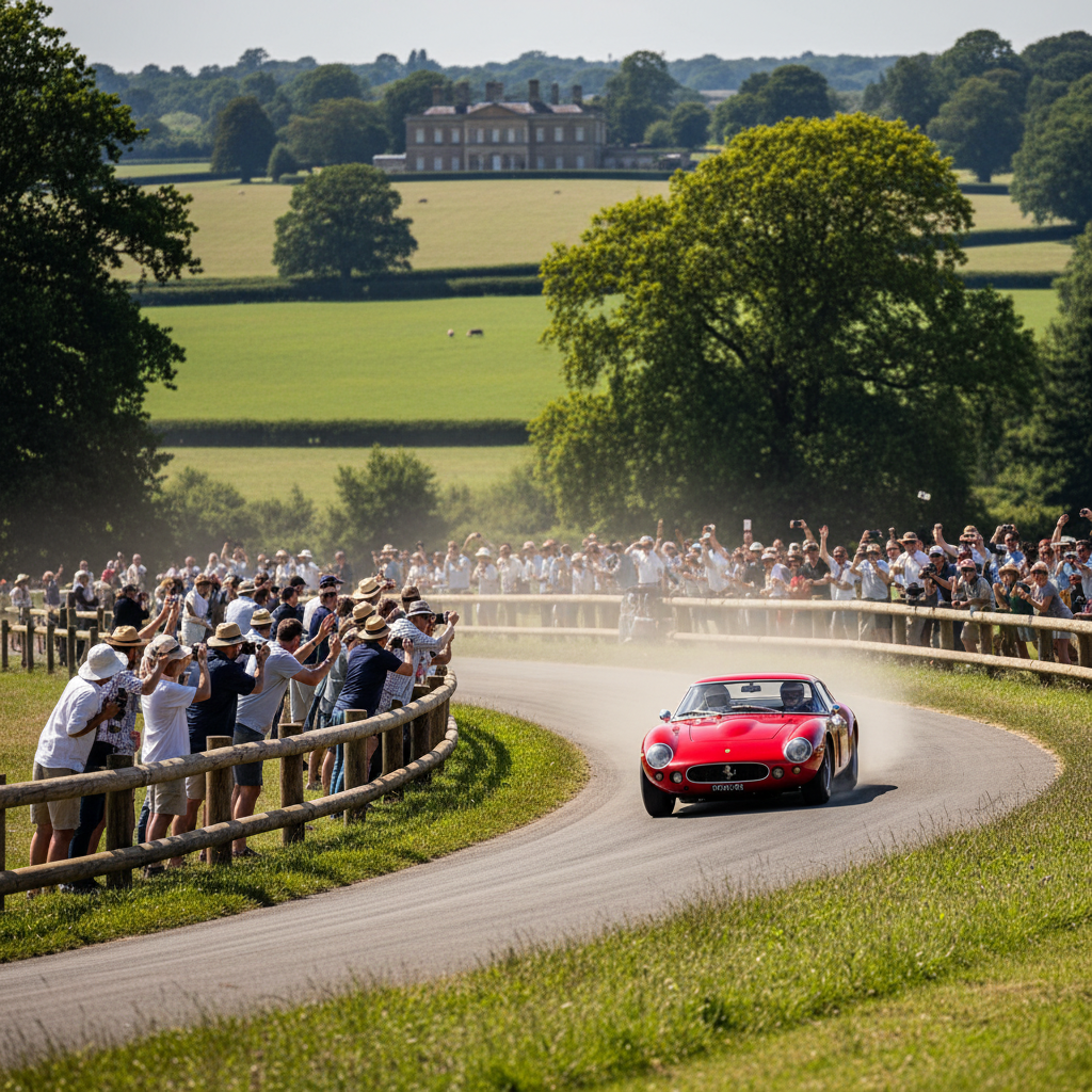 Crowds watching high-performance cars at Goodwood Festival of Speed in West Sussex