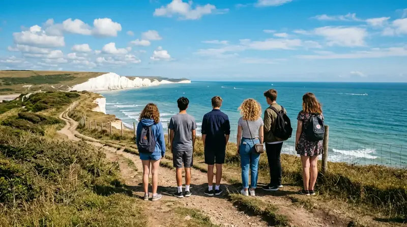 Teenagers on a West Sussex coastal path looking out to sea on a bright summer afternoon