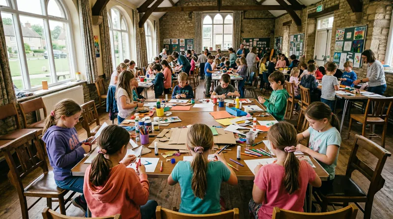 Children doing arts and crafts at long tables in a bright village hall during a holiday club session