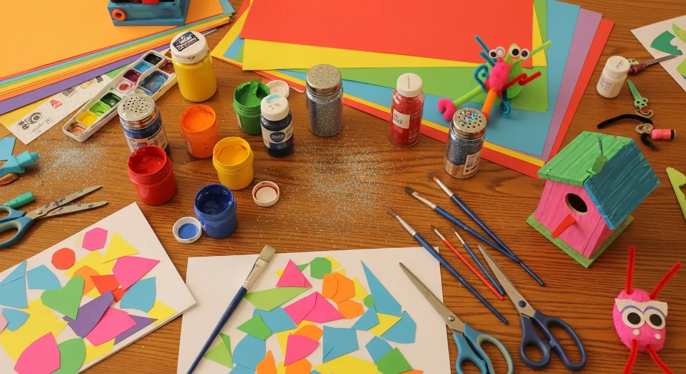 Colourful children's art supplies and craft projects spread across a wooden table in a bright community hall
