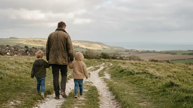 Family walking away from camera along a chalk downland path on the South Downs, West Sussex, with rolling hills and distant coast on a soft overcast spring afternoon