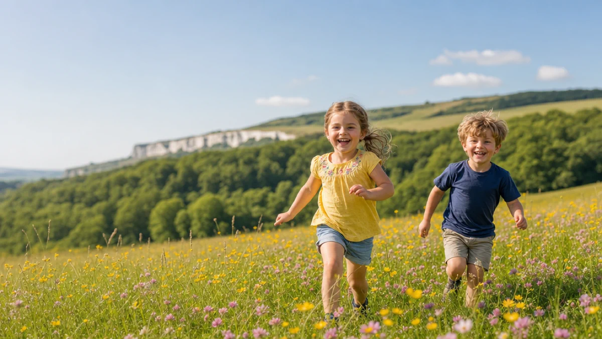Two children running through a wildflower meadow in West Sussex on a sunny late-May morning
