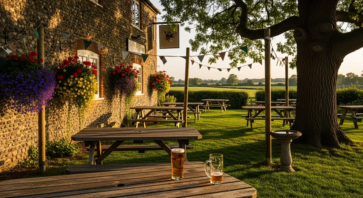 A traditional English pub beer garden with festoon lights, wooden tables under an oak tree and hanging baskets