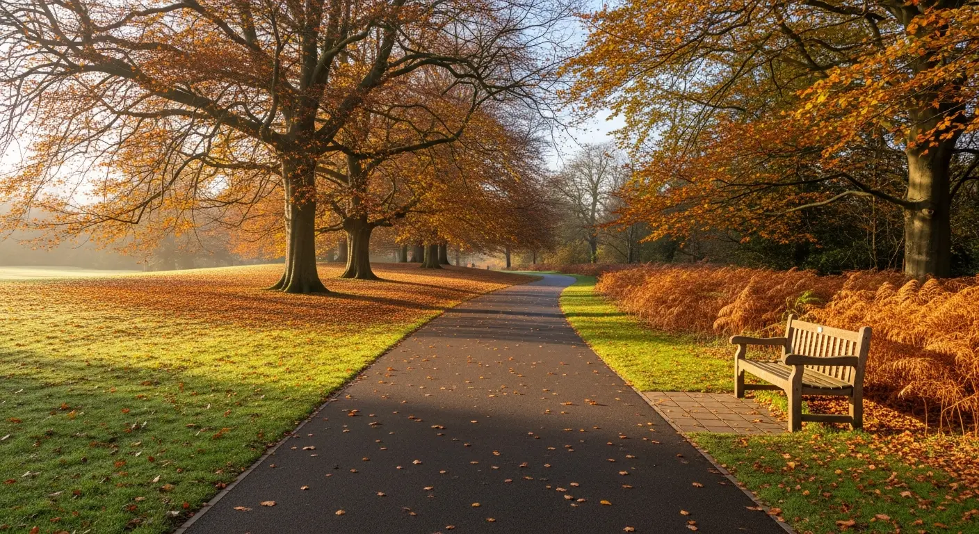 A smooth tarmac path through an English country park in autumn with golden beech trees
