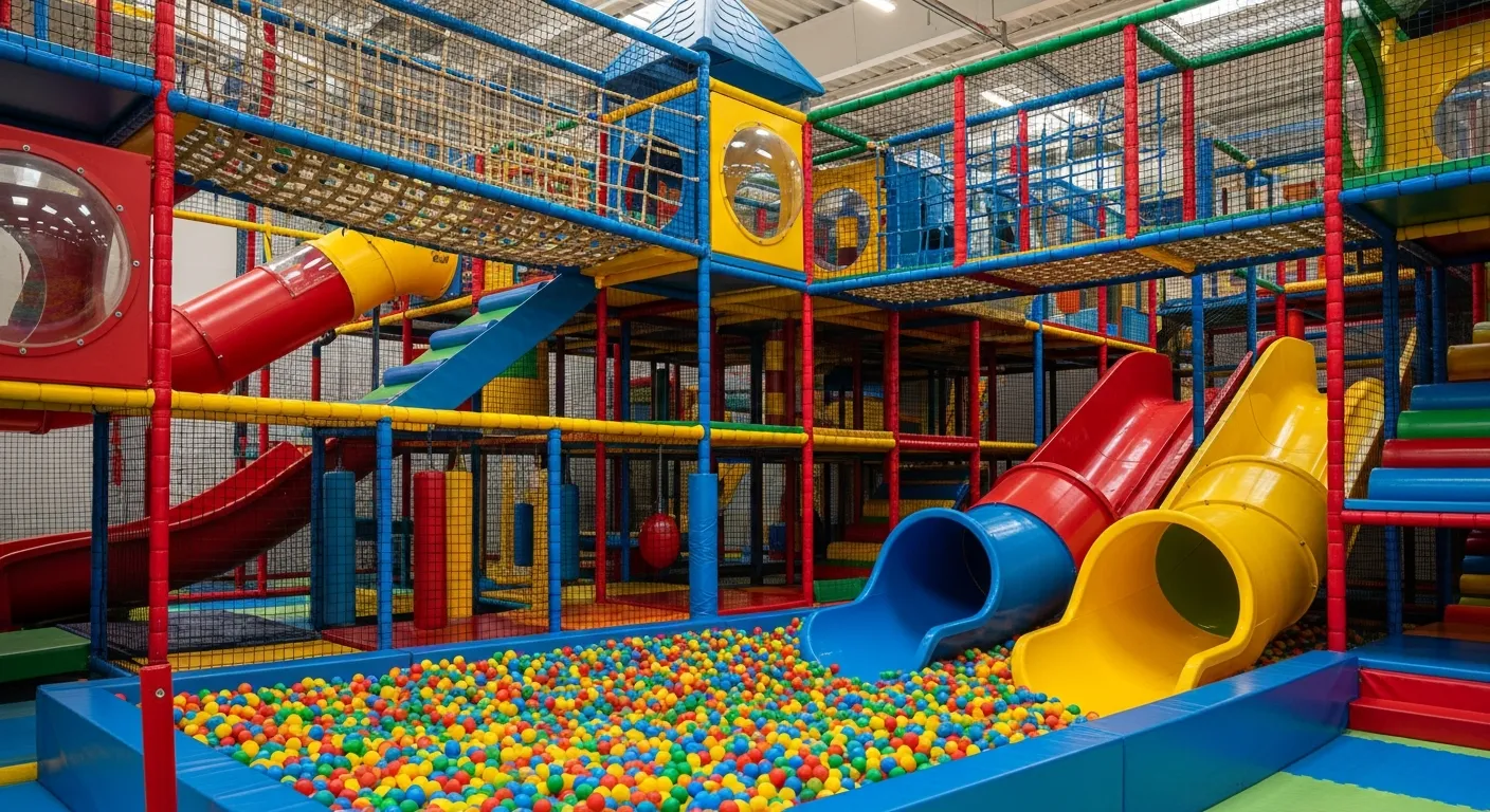 A bright and colourful indoor soft play centre with multi-level climbing structure, slides and ball pit