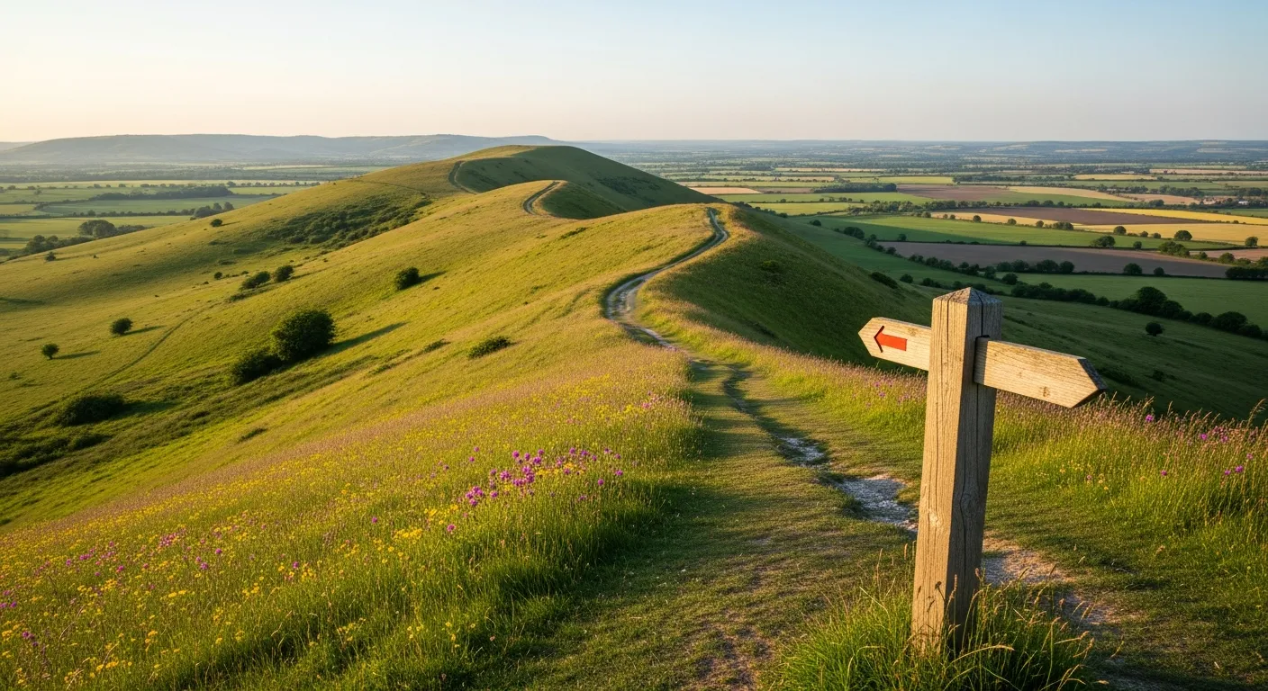A walking trail winding through the rolling chalk hills of the South Downs at golden hour, with wildflowers and a wooden fingerpost marker