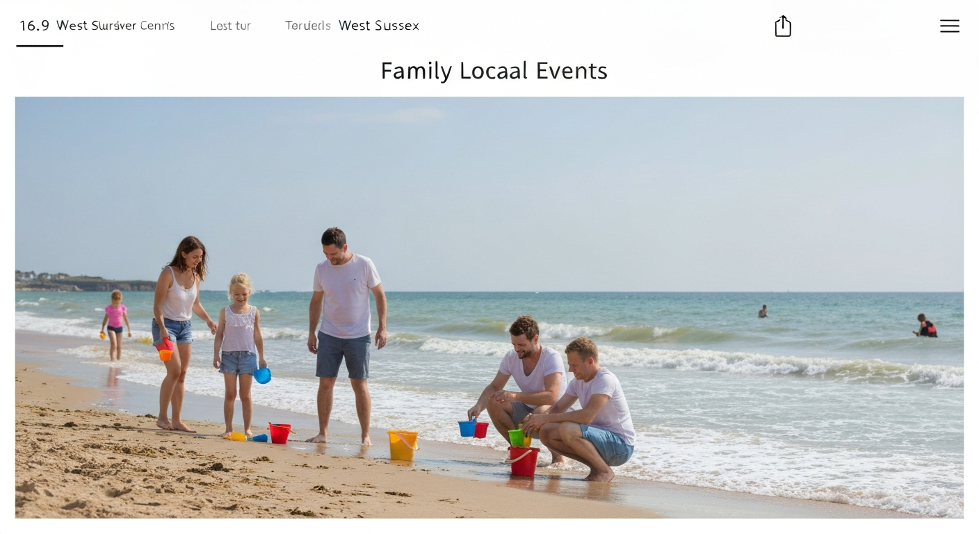 Families on a sunny West Sussex beach in summer — children playing in shallow water at the shoreline