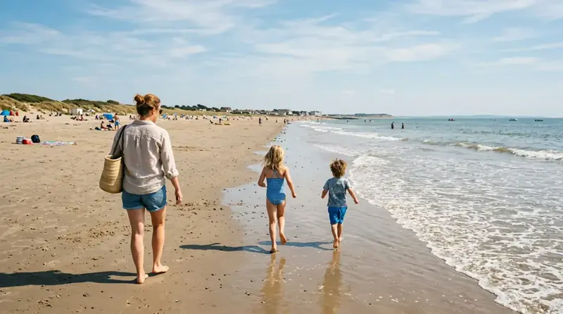 A family on a sandy West Sussex beach on a bright summer day, children running toward the water