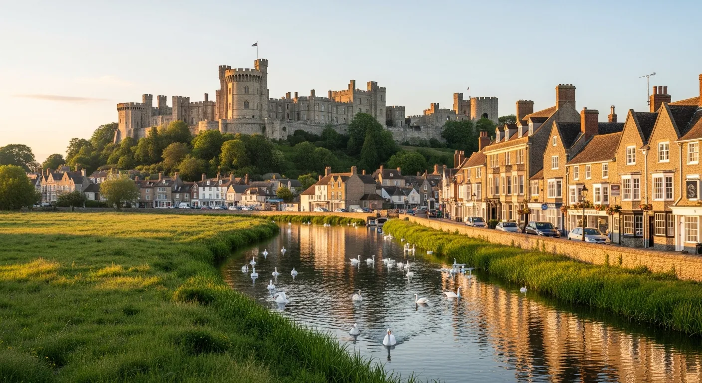 Arundel Castle on a hill above the River Arun with swans and flint stone buildings in golden evening light