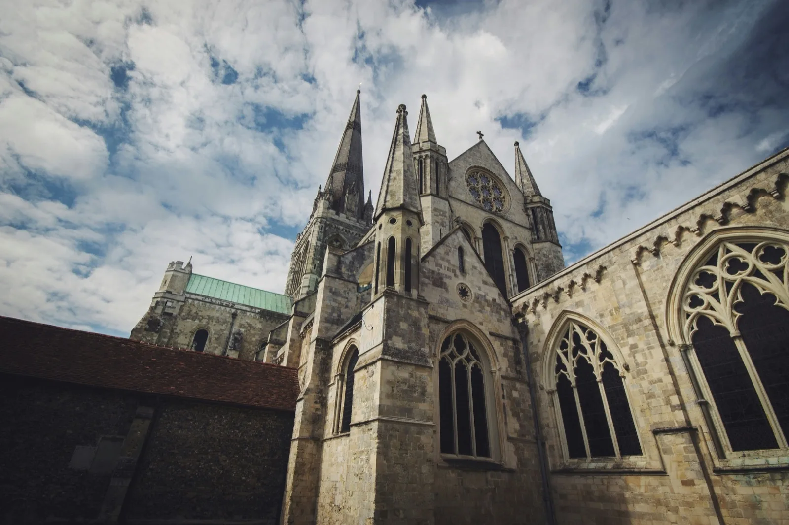 Chichester Cathedral and city centre rooftops seen from above on a clear day