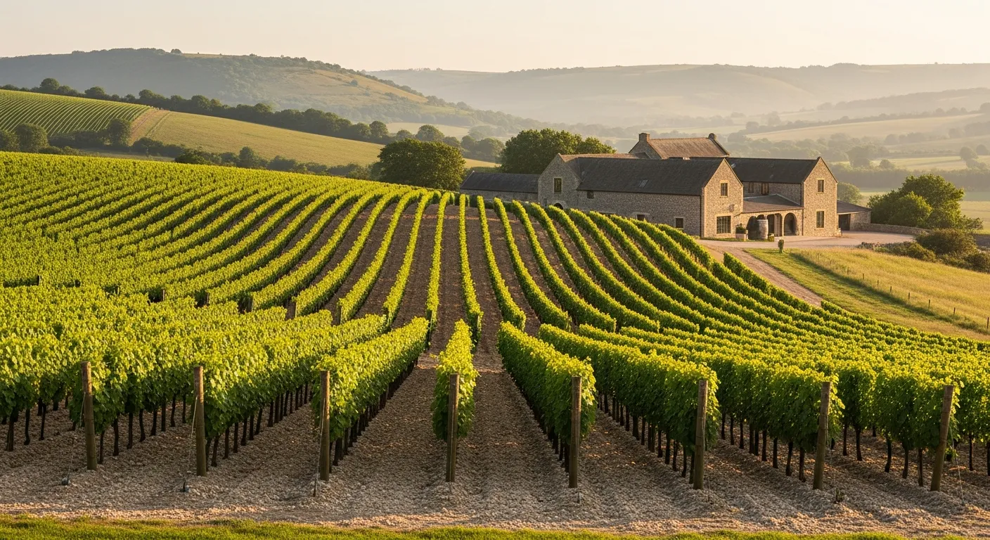 Rows of grapevines on a chalk hillside in the English South Downs with a flint stone winery building
