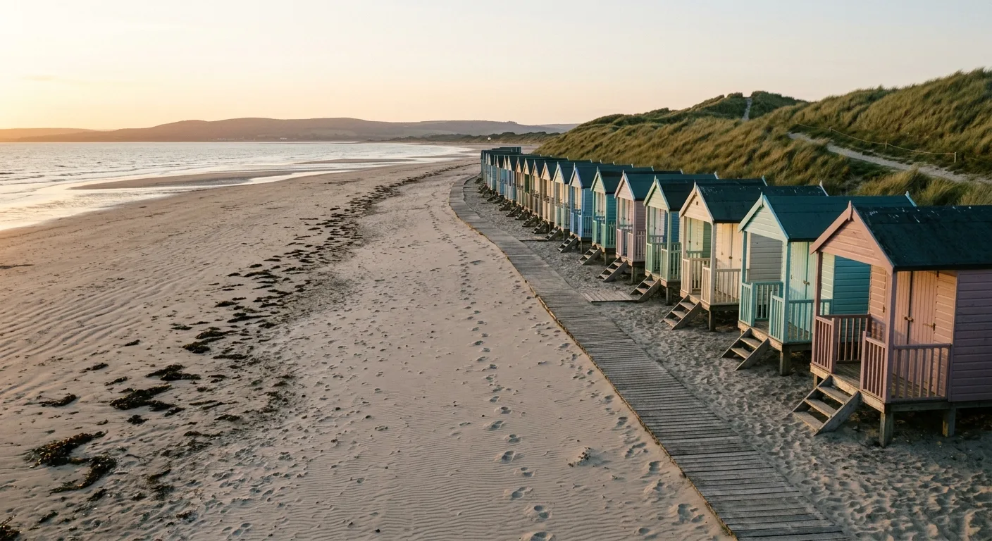 Pastel beach huts at West Wittering with East Head dunes behind, sandy shore stretching out in soft golden-hour May light