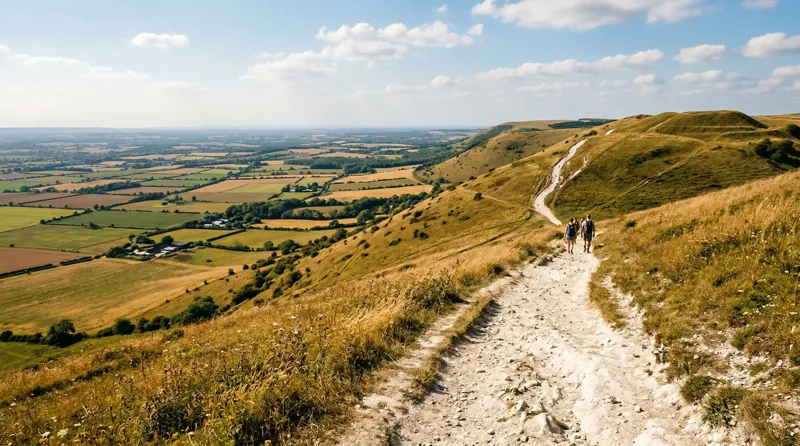 Two people walking along a chalk downland path in warm summer light, West Sussex countryside stretching below